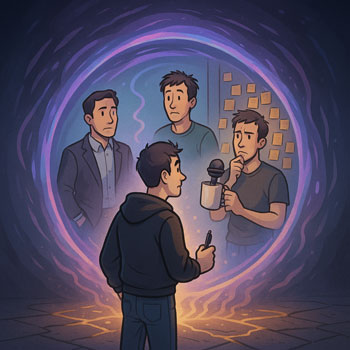 Person standing at a glowing portal looking at alternate versions of themselves—one in a suit, one with a coffee mug and podcast mic, another with sticky notes.