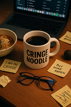Overhead photo of a cluttered desk featuring a novelty mug labeled 'Cringe Noodle' surrounded by instant ramen, sticky notes, and an open laptop—capturing the chaos of late-night creative burnout