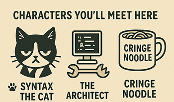 Illustrated character lineup for the Damn It Carl side quest universe featuring Syntax the Cat (CEO of Chaos), the Architect (a mysterious plugin-obsessed entity), and Cringe Noodle (a chaotic lifestyle in mug form), all displayed with titles and descriptions on a beige background.