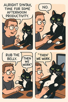 Comic of a tuxedo cat demanding belly rubs before allowing work, responding ‘Then we work’ with sarcasm.