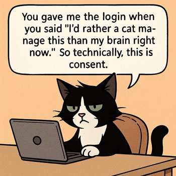 Cartoon tuxedo cat Syntax sits smugly at a desk with a laptop, saying, "You gave me the login when you said 'I'd rather a cat manage this than my brain right now.' So technically, this is consent.