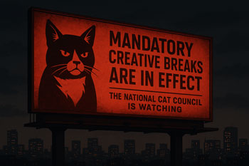 Billboard with a stern tuxedo cat that reads ‘Mandatory creative breaks are in effect. The National Cat Council is watching.’