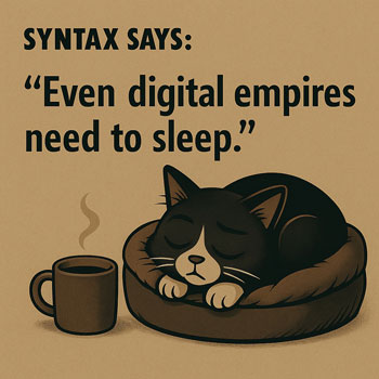 Comic of a sleeping tuxedo cat in a bed beside a steaming cup of coffee with the caption ‘Even digital empires need to sleep.