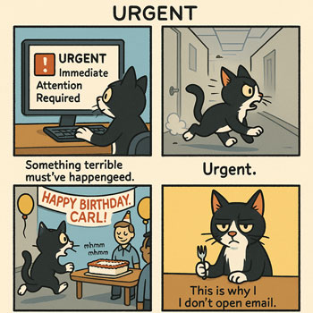 omic of a tuxedo cat rushing to respond to an urgent email, only to find a surprise birthday party. Final panel: ‘This is why I don’t open email.