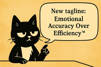 Cartoon tuxedo cat Syntax raises one paw while declaring, "New tagline: Emotional Accuracy Over Efficiency™" in a speech bubble, against a warm comic-style background.
