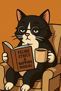 Tuxedo cat wearing glasses, holding a coffee mug, and reading a book titled ‘Feline Ethics & Napping Manual.’