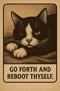 uxedo cat giving a judgmental stare with the phrase ‘Go forth and reboot thyself’ beneath it.