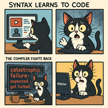 Comic of a tuxedo cat trying to learn coding, ending with a compiler error reading ‘catastrophic failure: expected; got furball.’