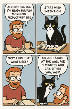 Comic of a tuxedo cat giving productivity tips, ending with ‘Stare at the wall for 15 minutes and cry. Either way, valid.’