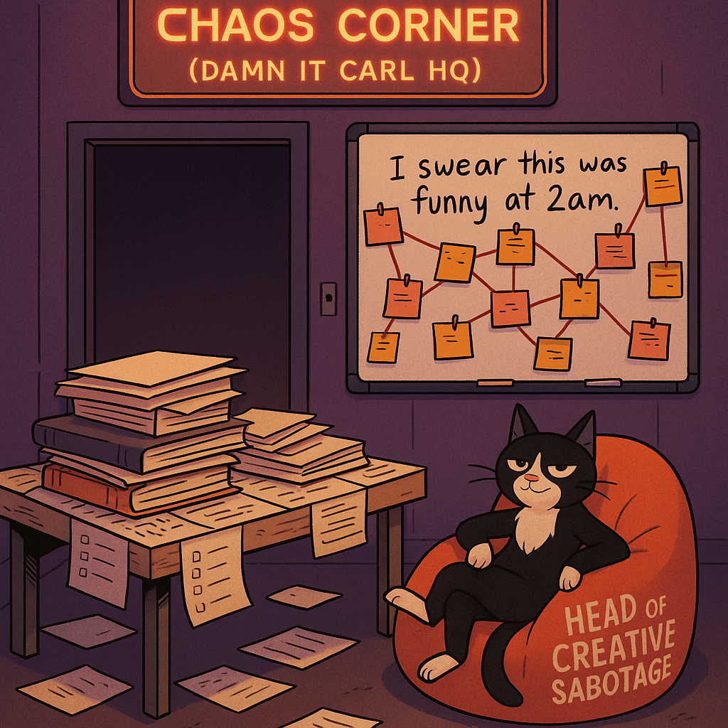 Cartoon tuxedo cat lounging on a beanbag labeled 'Head of Creative Sabotage' in a cluttered office called Chaos Corner at Damn It Carl HQ, with a conspiracy board reading 'I swear this was funny at 2 a.m.'