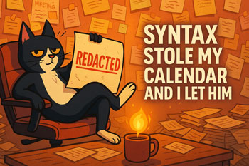 Cartoon tuxedo cat Syntax lounges smugly in an office chair holding a redacted calendar, surrounded by chaotic sticky notes and scattered papers, with bold text reading “Syntax Stole My Calendar and I Let Him.”