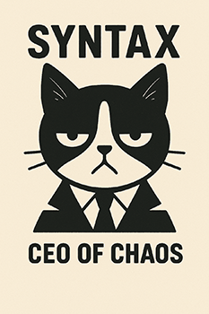 Stylized black and white illustration of Syntax the Cat wearing a suit, labeled “CEO of Chaos.” The tuxedo cat stares unamused, embodying the silent authority behind the Damn It Carl brand.