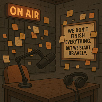 Podcast studio with sticky notes on the wall and a sign reading ‘We don’t finish everything. But we start bravely.’