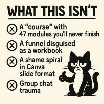 Illustration titled “What This Isn’t” listing traits like overwhelming courses and Canva shame spirals, with cartoon cat Syntax on the right giving a skeptical thumbs-up.