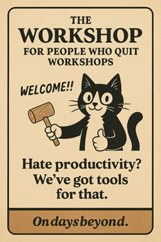 Retro-style poster titled “The Workshop for People Who Quit Workshops” featuring a cartoon tuxedo cat holding a mallet and giving a thumbs-up, with bold text reading, “Hate productivity? We’ve got tools for that.”