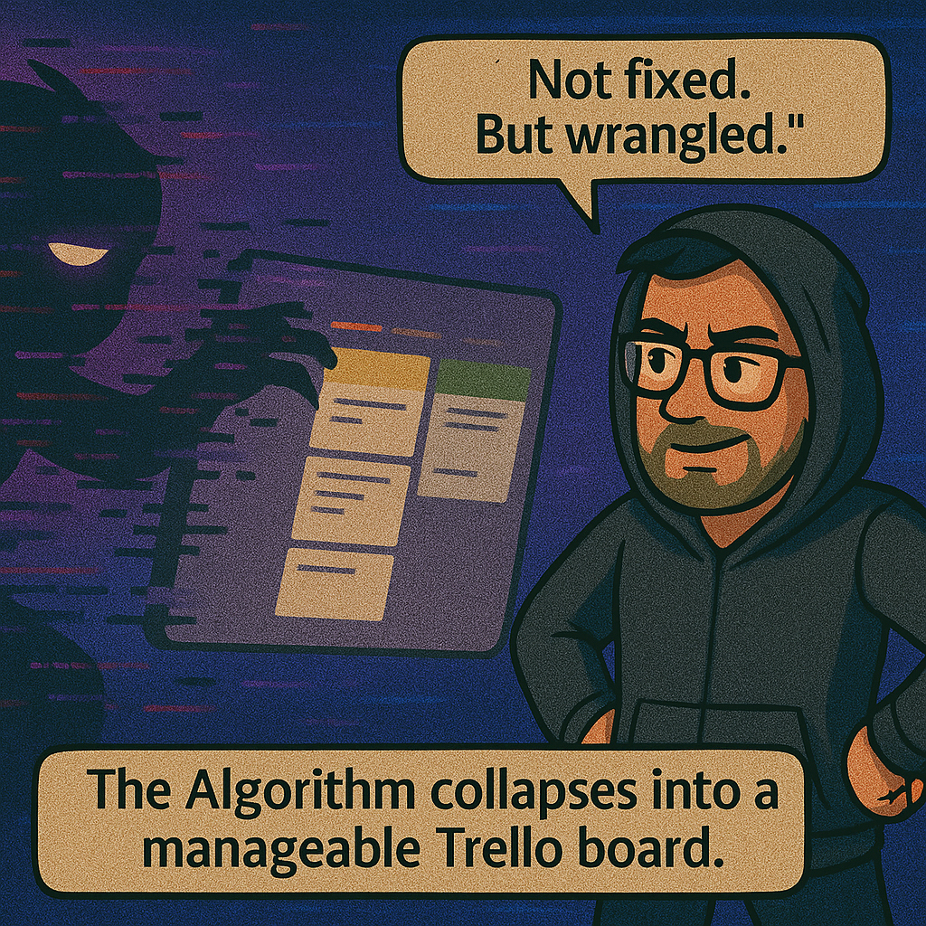 The Algorithm crumbles into a neat Trello board as Carl stands with a smirk.