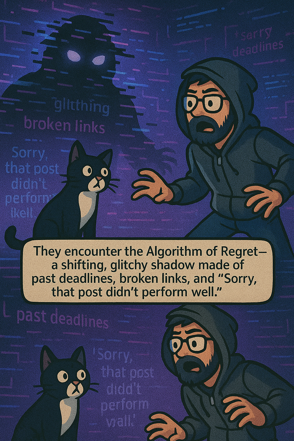 A shadowy, glitchy figure formed from error messages and broken links looms over Carl and Syntax.