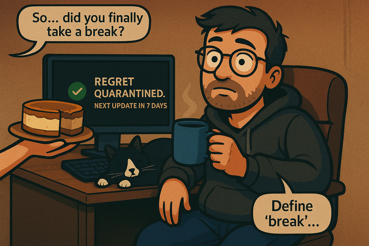 Carl is offered Biscoff cheesecake by an offscreen hand.