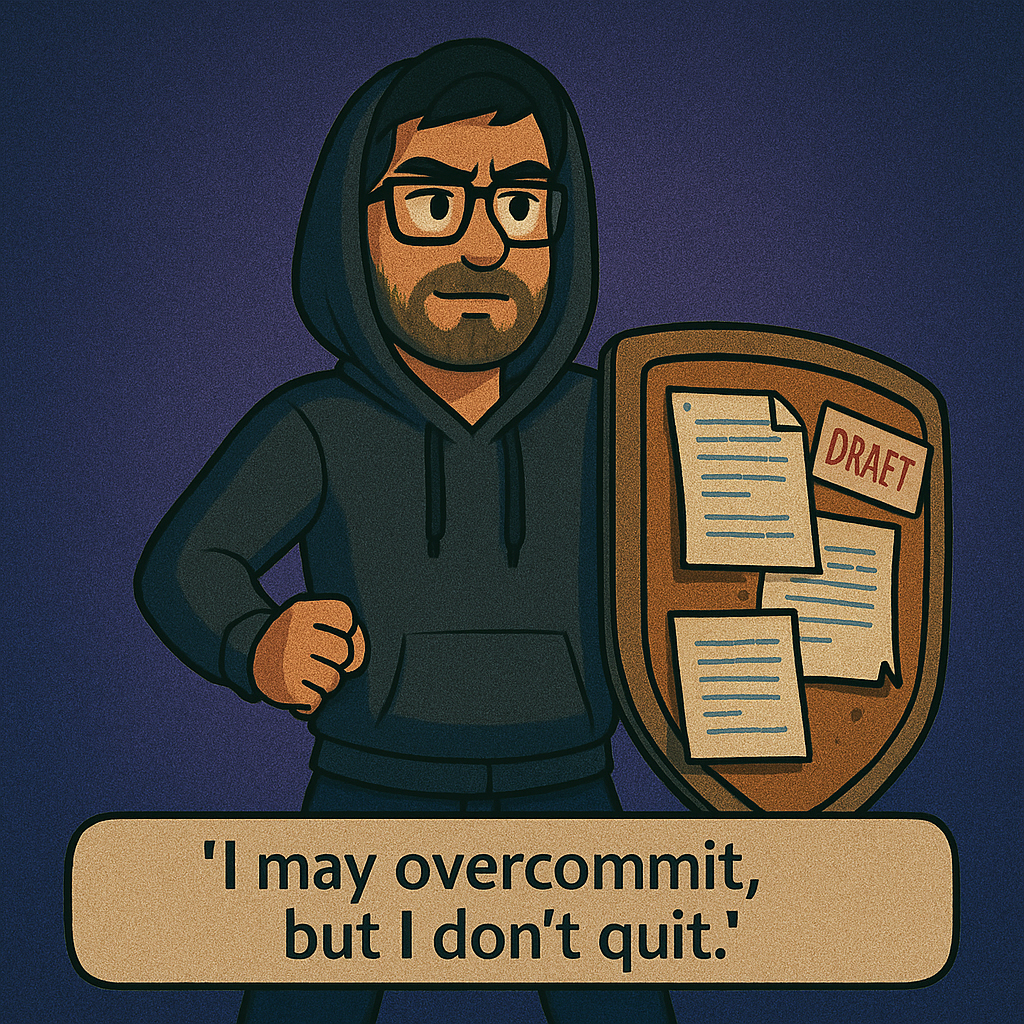 Carl stands tall, holding a glowing shield made of blog drafts and torn notebook paper with therapy quotes.