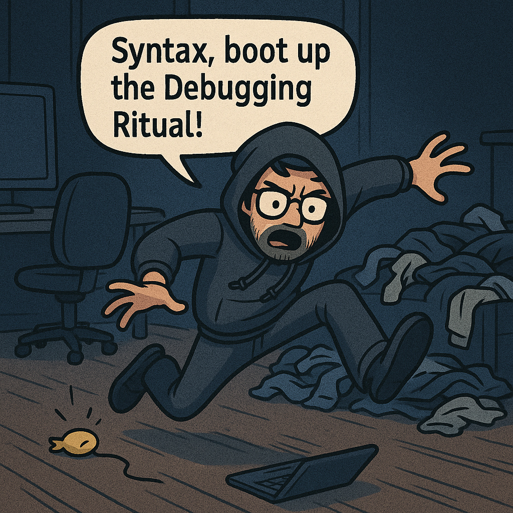 Carl leaps into action, tripping over a cat toy and landing in a pile of laundry.