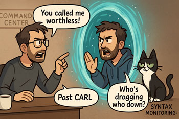 Cartoon illustration of Present Carl confronting Past Carl through a swirling blue portal. Present Carl shouts, “You called me worthless!” while Past Carl raises a hand in defense. Syntax sits nearby smirking, with a speech bubble saying, “Who’s dragging who down?” and a caption below reading “SYNTAX MONITORING.”