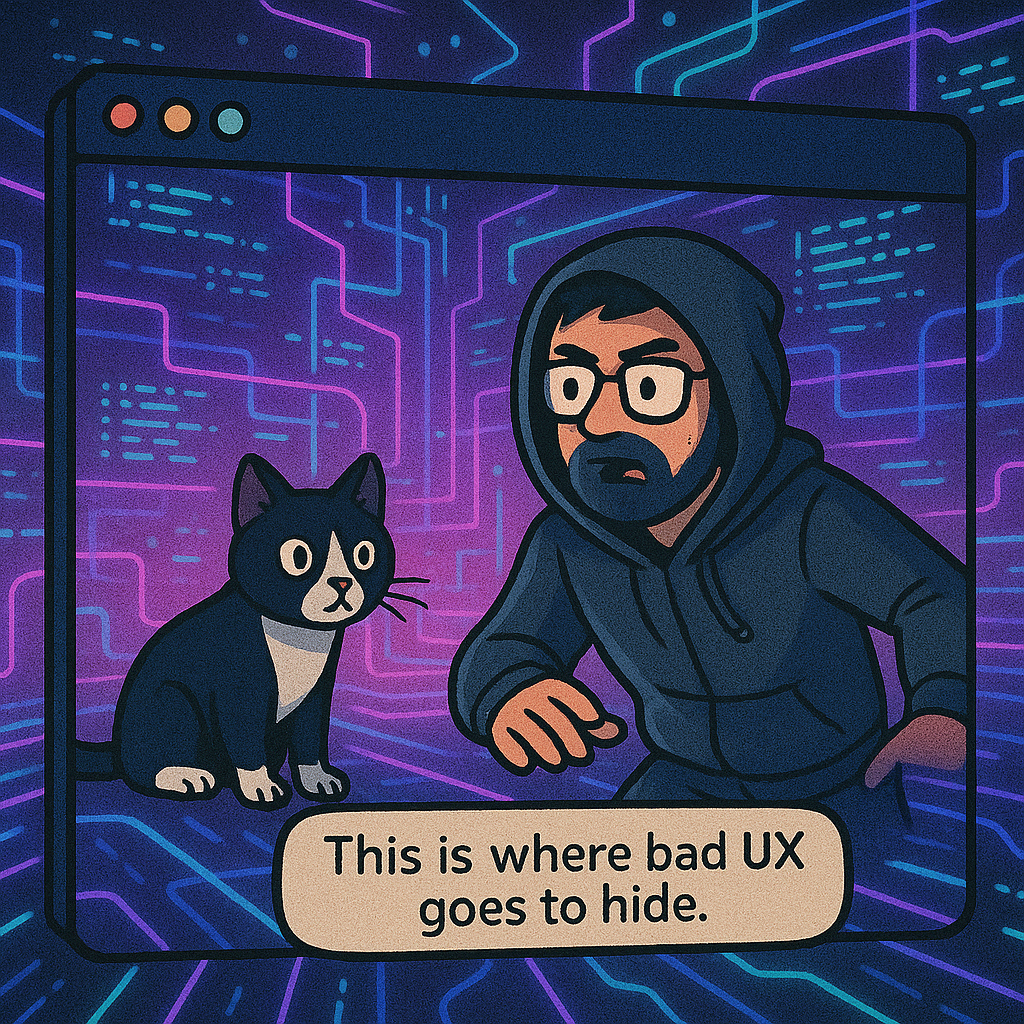 Carl and Syntax enter a neon-lit digital world via browser window. Floating code and neon wires form a chaotic data city.