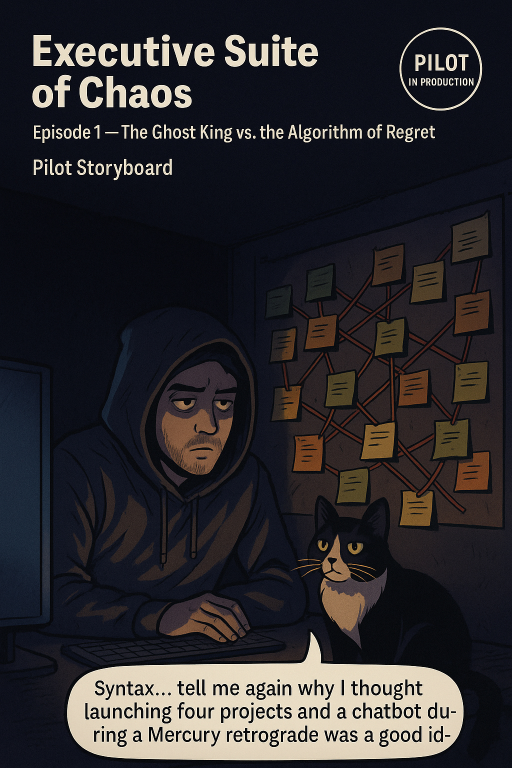 Carl in a hoodie stares at a wall of sticky notes connected by red yarn. Syntax, a tuxedo cat, sits in the glow of the monitor.