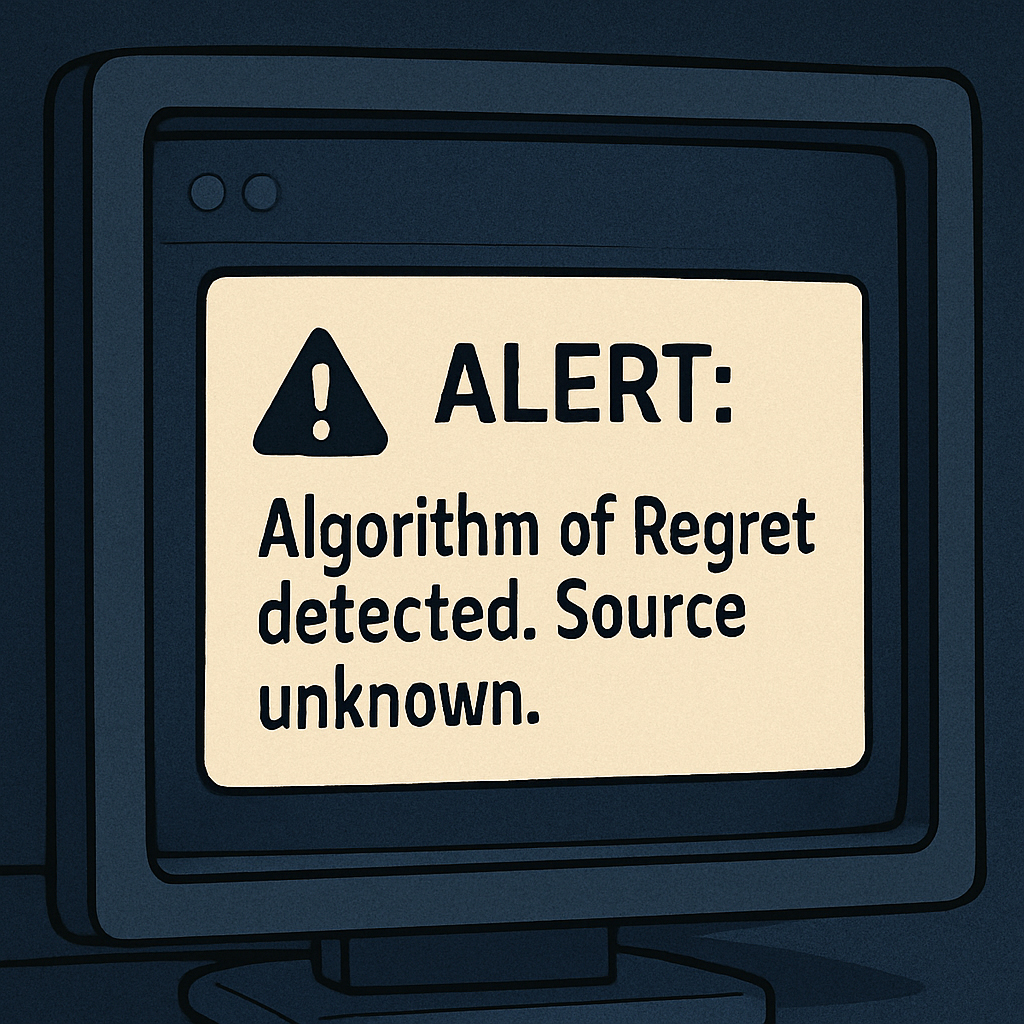 A retro-style terminal window with an alert: Algorithm of Regret detected. Source unknown.