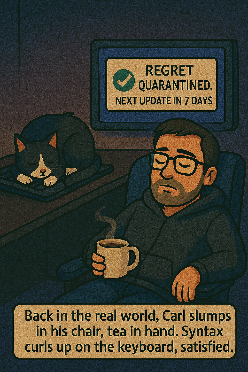 Carl slumped in his chair with a mug of tea. Syntax naps on the keyboard. The screen reads: Regret Quarantined. Next update in 7 days.