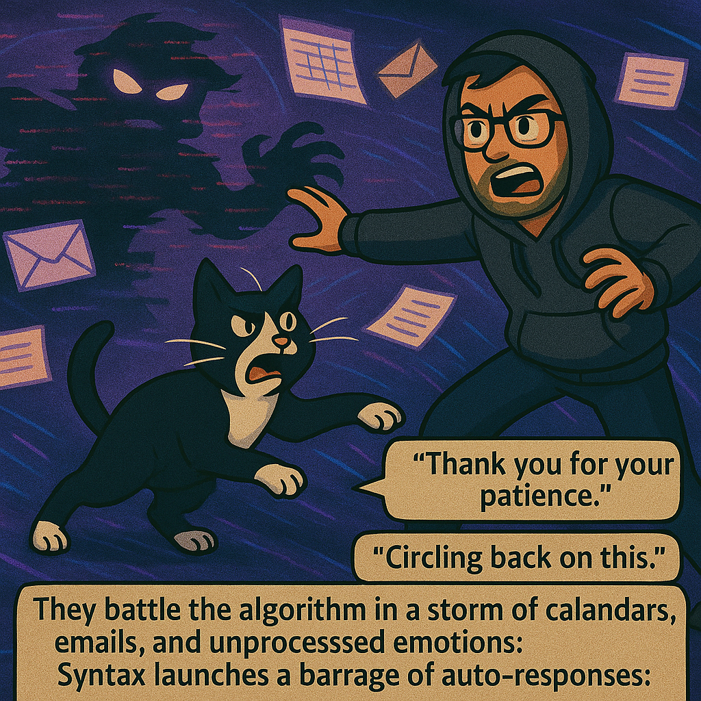 Carl and Syntax battle the algorithm in a storm of emails, calendars, and emotional chaos. Syntax launches auto-response speech bubbles.