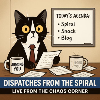 Cartoon of Syntax the tuxedo cat dressed as a news anchor at a cluttered desk with papers and coffee mugs labeled “Judging You.” A whiteboard behind him reads “Today’s Agenda: Spiral, Snack, Blog,” and a news banner at the bottom says “Dispatches from the Spiral – Live from the Chaos Corner.”