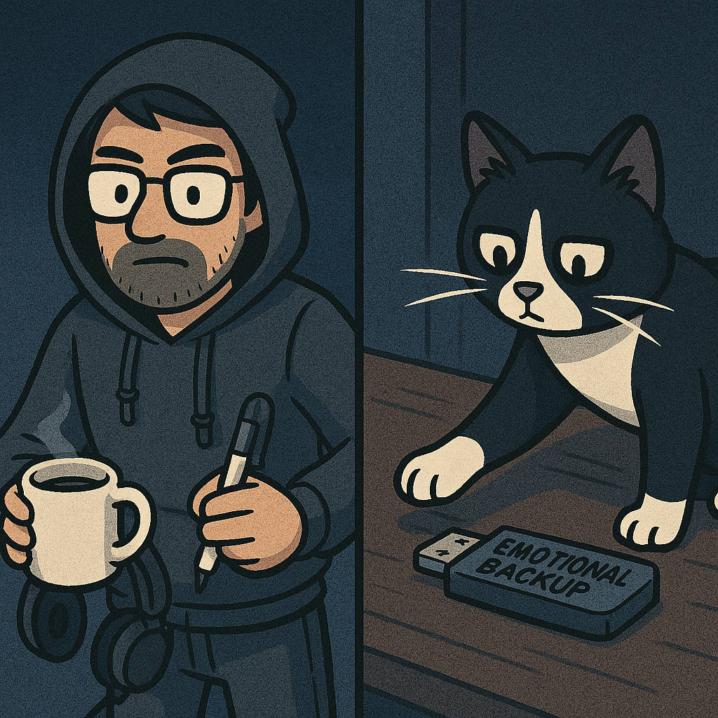 Split screen: Carl grabs coffee, headphones, and a whiteboard marker. Syntax nudges a USB stick labeled Emotional Backup.