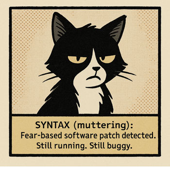 Comic panel of Syntax the cat with a flat, annoyed expression, captioned “SYNTAX (muttering): Fear-based software patch detected. Still running. Still buggy.” on a vintage-style beige and halftone background.