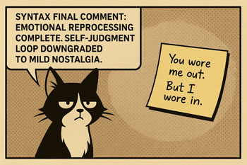 Comic-style image of Syntax with a speech bubble saying, “Emotional reprocessing complete. Self-judgment loop downgraded to mild nostalgia,” next to a floating sticky note that reads, “You wore me out. But I wore in.”