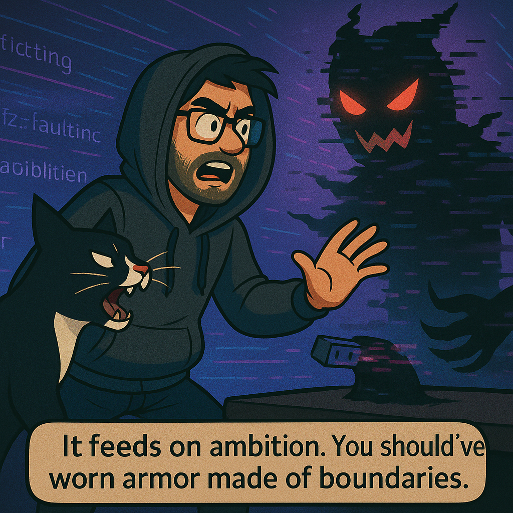 Syntax hisses at the algorithm, bristling. The glitch figure pulses with ambient code.