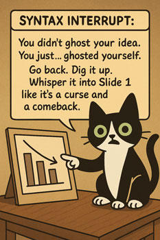 Cartoon tuxedo cat Syntax stands beside a glowing presentation slide, delivering the quote: “You didn’t ghost your idea. You just… ghosted yourself. Go back. Dig it up. Whisper it into Slide 1 like it’s a curse and a comeback.”