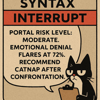 A comic-style panel shows Syntax holding a clipboard with a serious expression beneath a bold red header reading “SYNTAX INTERRUPT,” and a warning that reads: “Portal risk level: Moderate. Emotional denial flares at 72%. Recommend catnap after confrontation.”