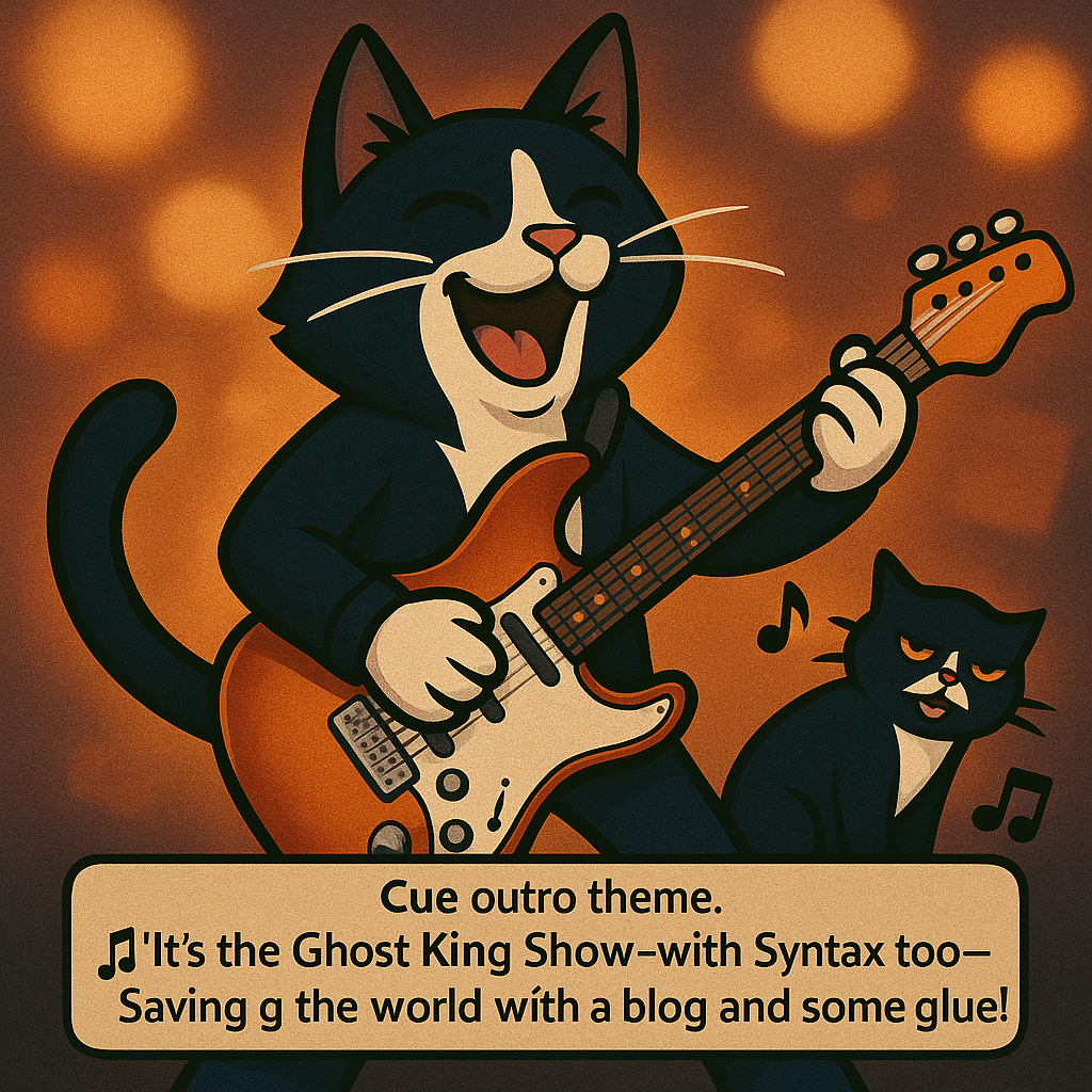 Syntax rocking out on guitar under stage lights, singing.