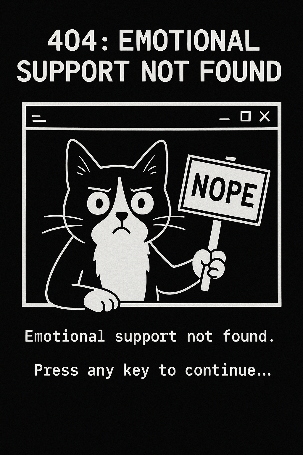Illustration of Syntax the tuxedo cat peeking from a terminal window holding a NOPE sign with the text “404: Emotional Support Not Found,” in a humorous tech-style error screen.