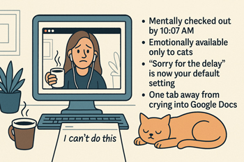 Cartoon woman on a video call holding coffee, looking exhausted, with a sleeping cat nearby and a list of burnout symptoms including emotional exhaustion and digital overwhelm
