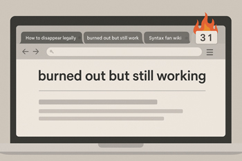 Browser window with tabs labeled 'How to disappear legally,' 'burned out but still working,' 'Syntax fan wiki,' and a flaming Google Calendar icon, symbolizing digital burnout