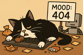 Cartoon cat collapsed on keyboard with burnout vibes, robot holding sign that says ‘Mood: 404’