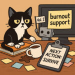 Cartoon cat and robot surrounded by chaotic desk clutter, coffee spills, and a clipboard that reads ‘Next Action: Survive’—visual metaphor for burnout support.