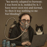 CPAP Bane, a burnt-out creative wearing a CPAP mask connected to a coffee tank, sitting at a desk with Syntax the tuxedo cat and a laptop, surrounded by empty LaCroix cans, with the quote ‘You merely adapted to burnout; I was born in it…’ in the background.
