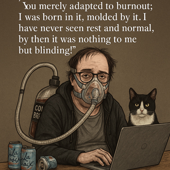 CPAP Bane, a burnt-out creative wearing a CPAP mask connected to a coffee tank, sitting at a desk with Syntax the tuxedo cat and a laptop, surrounded by empty LaCroix cans, with the quote ‘You merely adapted to burnout; I was born in it…’ in the background.
