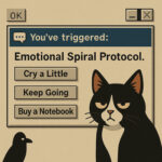 Retro pop-up window with emotional spiral warning and Syntax the cat judging in the corner.