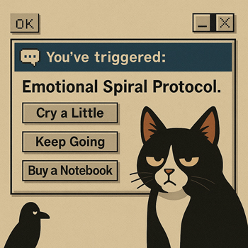 Retro pop-up window with emotional spiral warning and Syntax the cat judging in the corner.