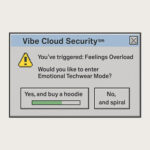 Retro-style popup window labeled “Vibe Cloud Security” with message: “You’ve triggered: Feelings Overload. Would you like to enter Emotional Techwear Mode?” and buttons that read “Yes, and buy a hoodie” and “No, and spiral.”