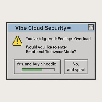 Retro-style popup window labeled “Vibe Cloud Security” with message: “You’ve triggered: Feelings Overload. Would you like to enter Emotional Techwear Mode?” and buttons that read “Yes, and buy a hoodie” and “No, and spiral.”