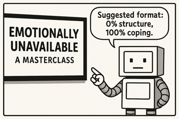 Cartoon robot Nil presenting a sign that says “Emotionally Unavailable: A Masterclass” with the quote “Suggested format: 0% structure, 100% coping.”